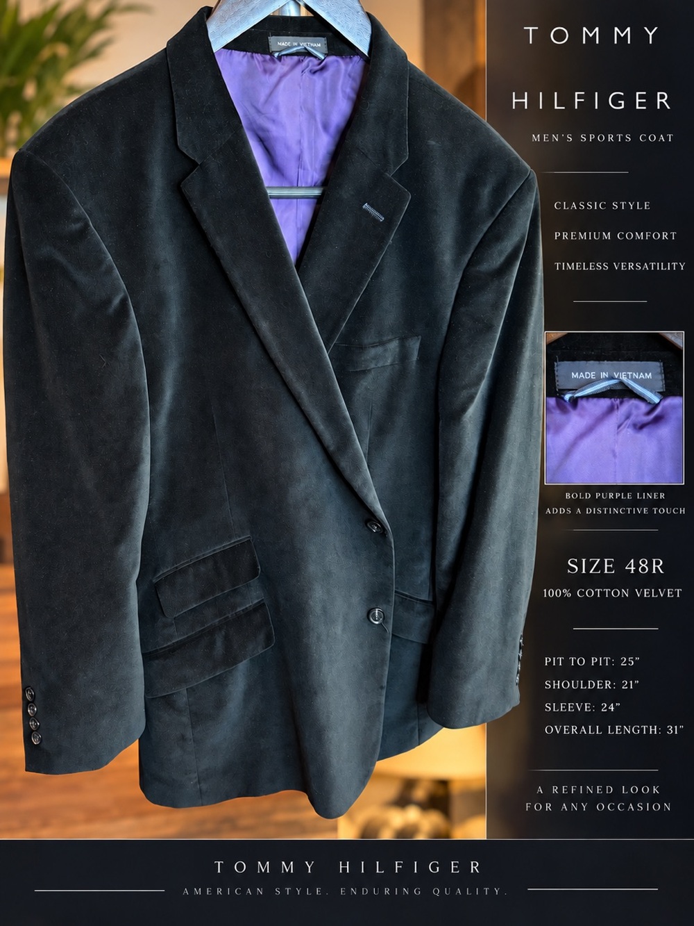 Tommy Hilfiger Black Velvet Sport Coat with Purple Lining